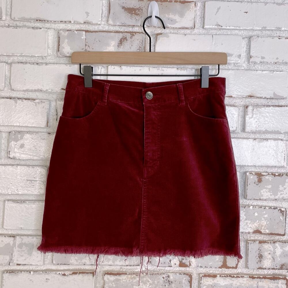 Boho Retro Deep Burgundy Cotton Velvet Raw Hem Mini Skirt M